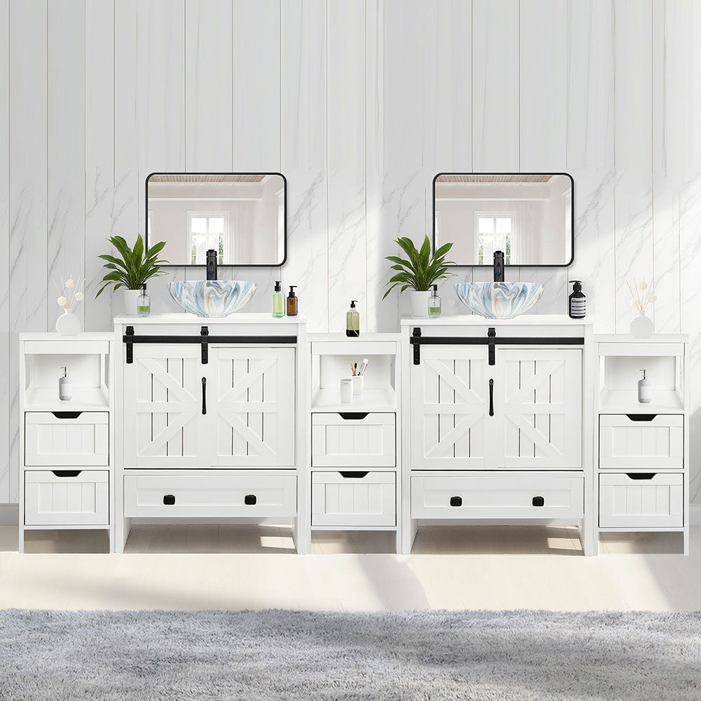 Sigsyl 84 inch Double Vessel Sink Vanity | with 3 Side Storage Cabinets & Faucet Kits - Round / Colored