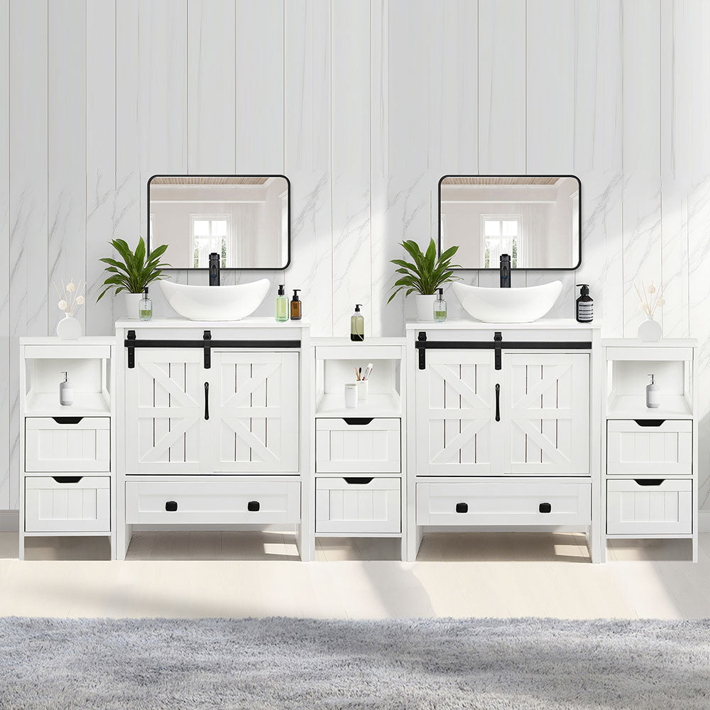 Sigsyl 84 inch Double Vessel Sink Vanity | with 3 Side Storage Cabinets & Faucet Kits - Oval / White