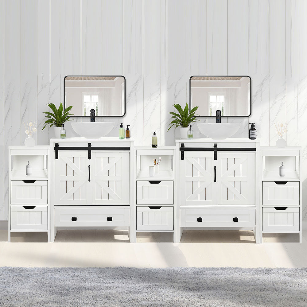 Sigsyl 84 inch Double Vessel Sink Vanity | with 3 Side Storage Cabinets & Faucet Kits - Round / White
