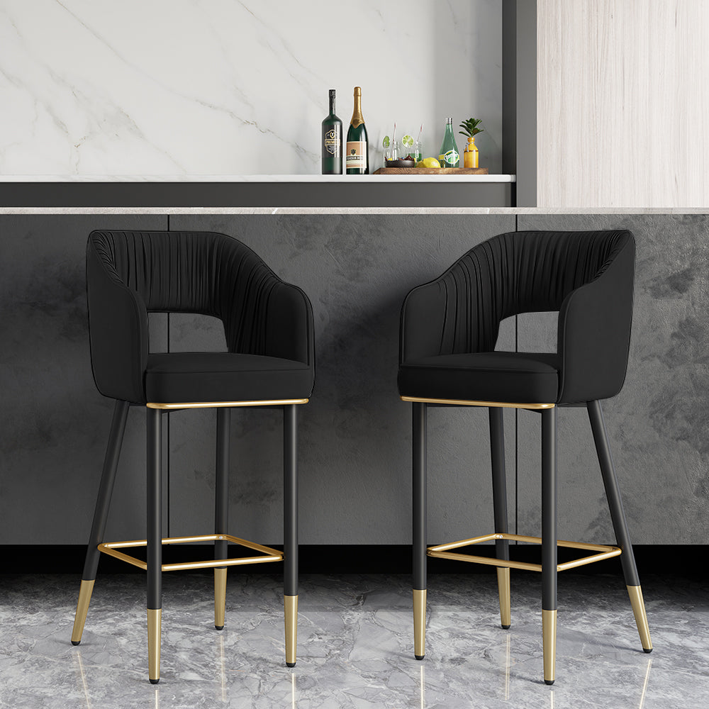 Modern Black Velvet Upholstered Bar Stool with Low Back & Footrest 2-Pieces