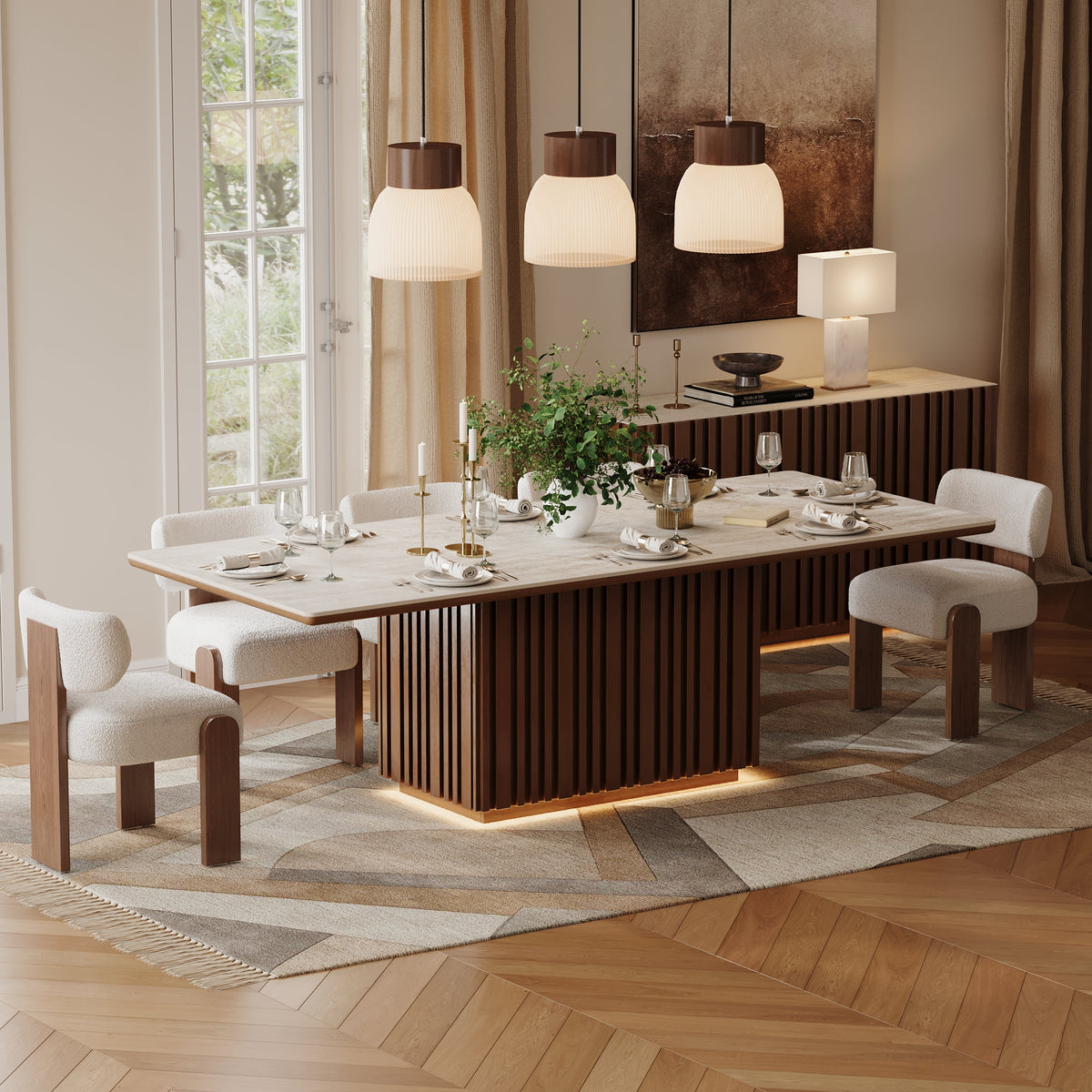 Aura 84" Faux Travertine Rectangular Dining Table with Sintered Stone Top, Seat 8