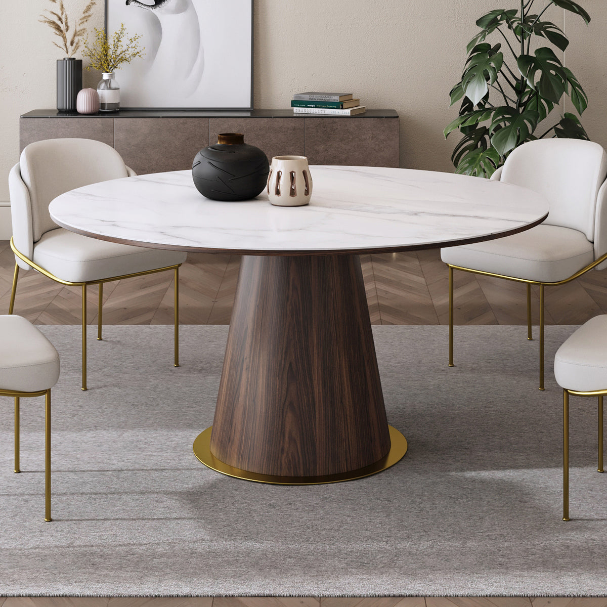 Round Dining Table Faux Marble Top Wooden Base for 6 Mid-Century Modern