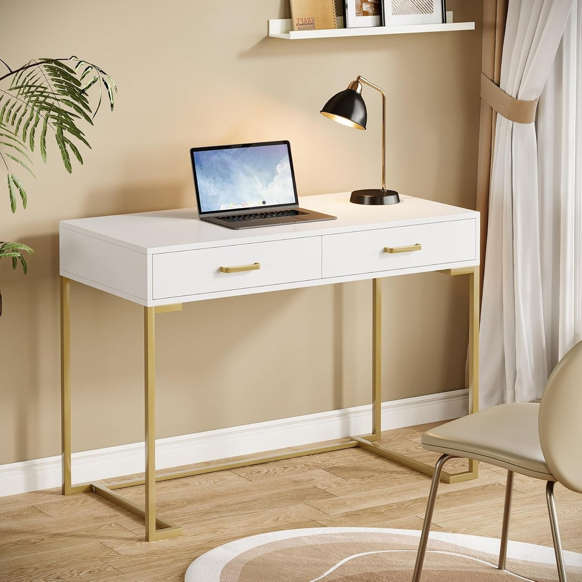 39" Computer Desk with Drawers, Modern Writing Desk Study Desk - White&Gold