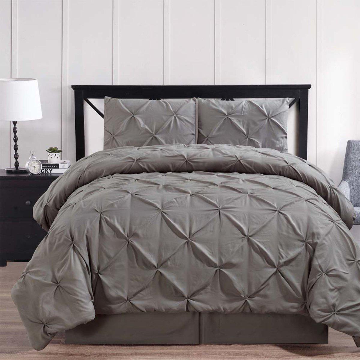 Gray Oxford Double Needle Luxury Soft Pinch Pleated Comforter Set - California King