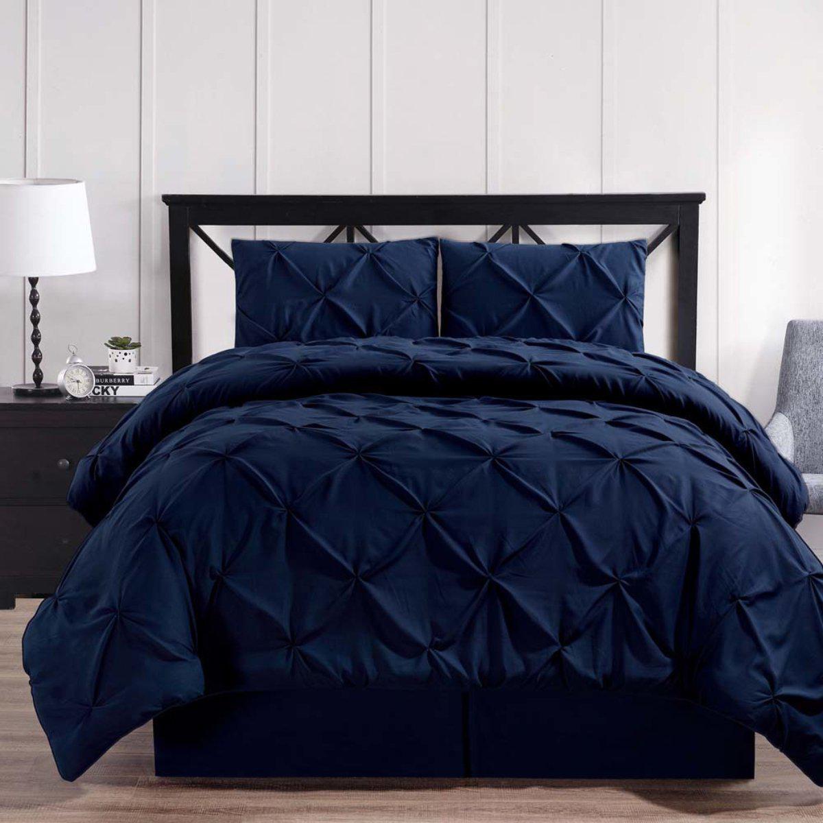 Navy Oxford Double Needle Luxury Soft Pinch Pleated Comforter Set - California King