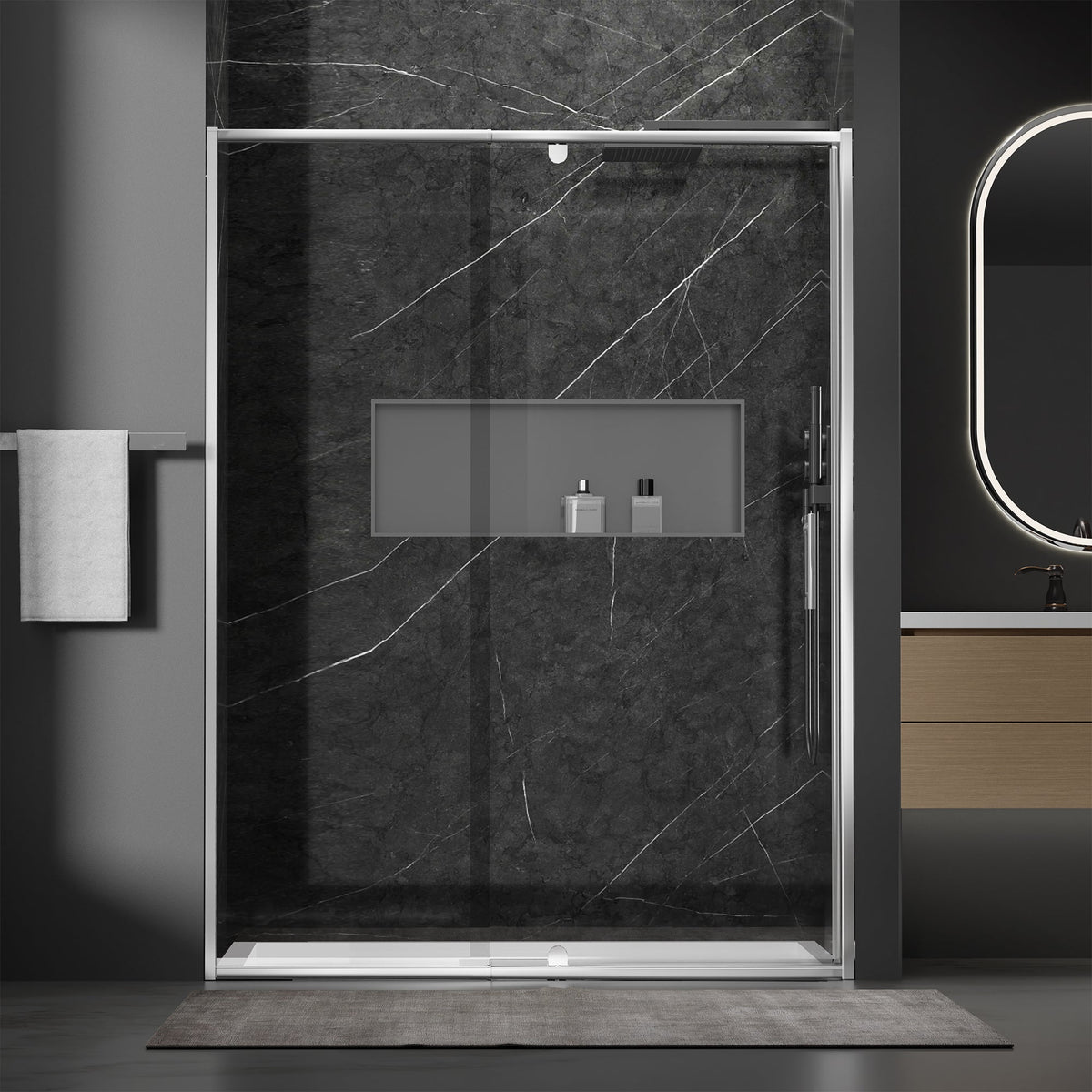 CALYZ Pivot Glass Shower Door 50-54" W x 71" H - Brushed Nickel