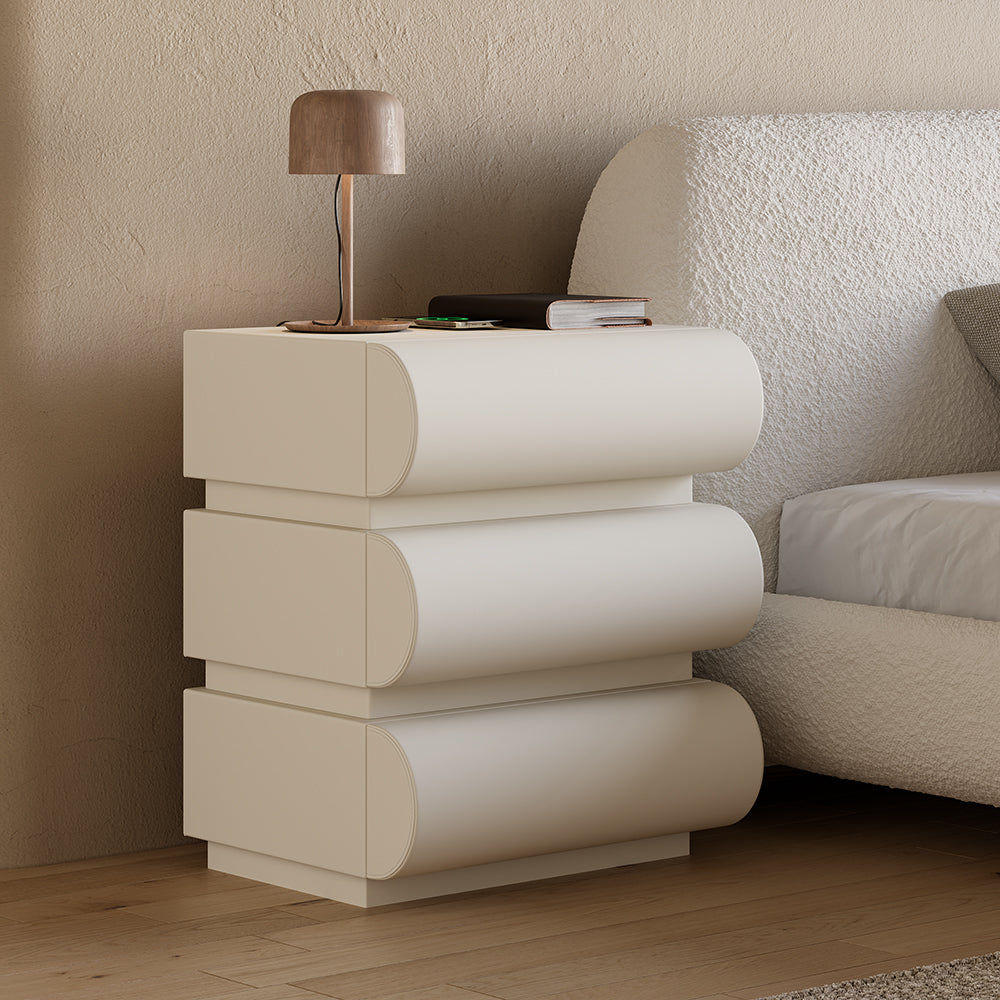 Modern White Leather Smart Nightstand with Wireless Charger & 3 Drawers Bedside Table with USB & Type-C Ports for Bedrooms Living Rooms Offices