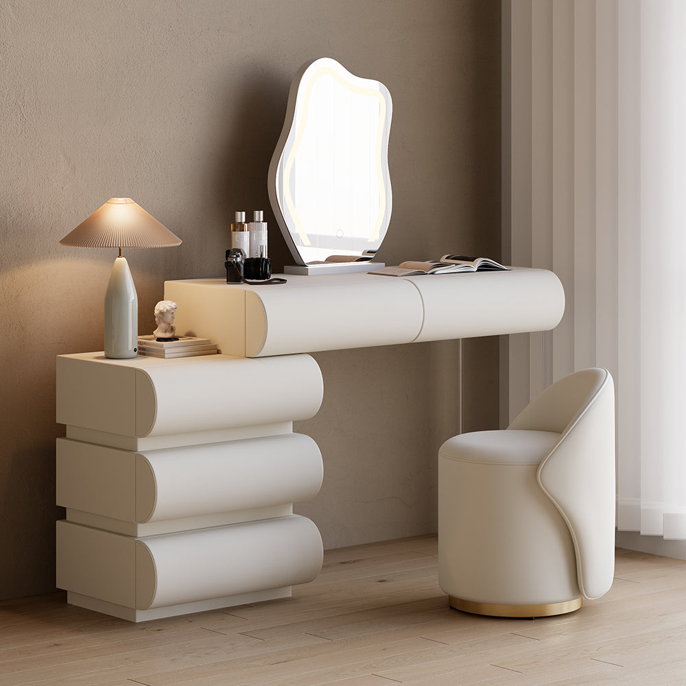 modern white PU leather dressing table set with stool and LED mirror