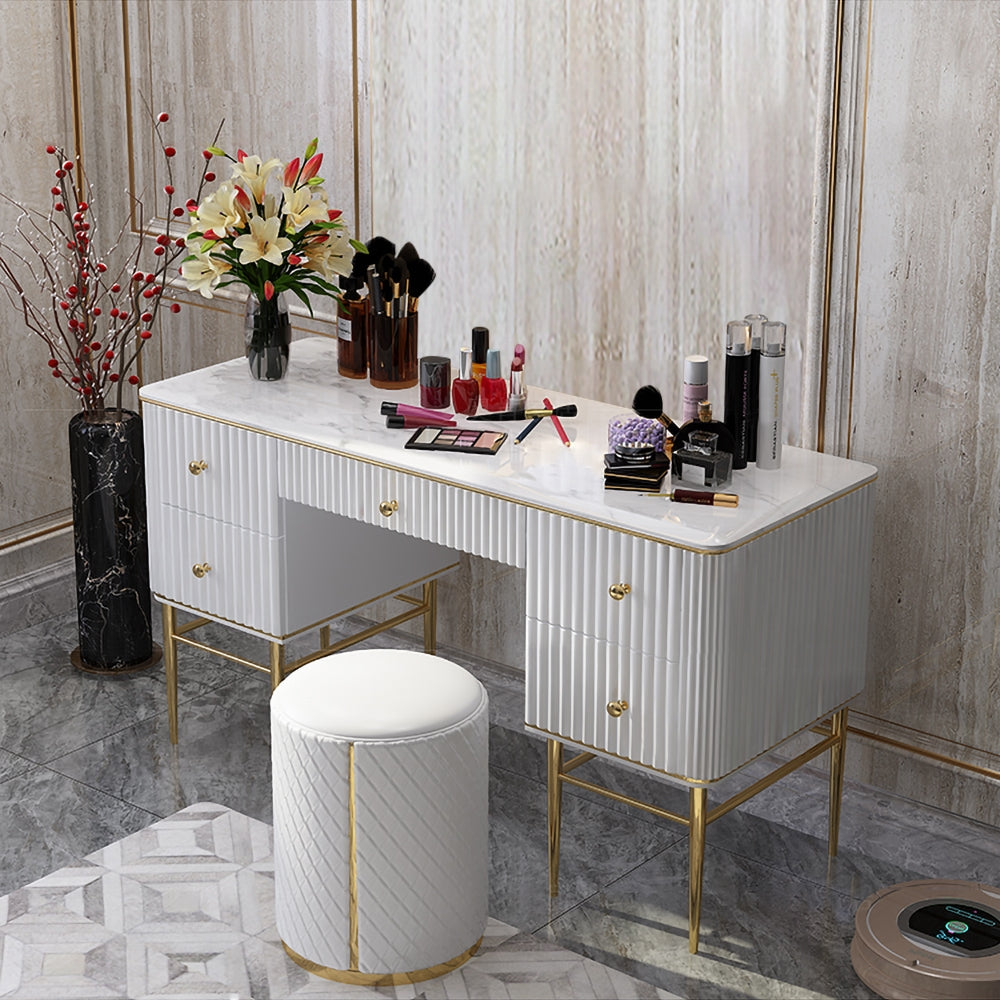 Bline White Makeup Vanity Table Marble Dressing Table with Drawers Gold Stainless Steel