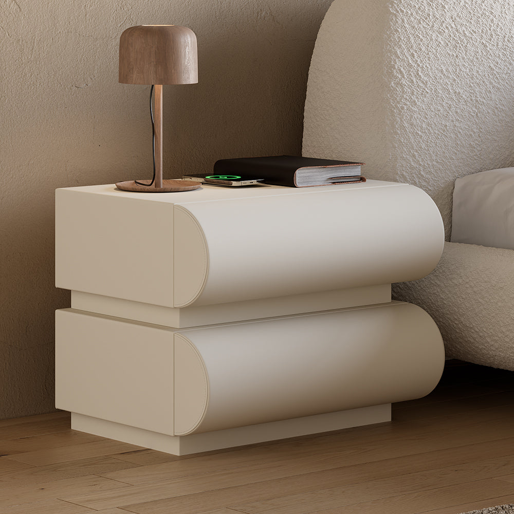 Modern White Leather Smart Nightstand with Wireless Charger 2 Drawers Bedside Table with USB & Type-C Ports