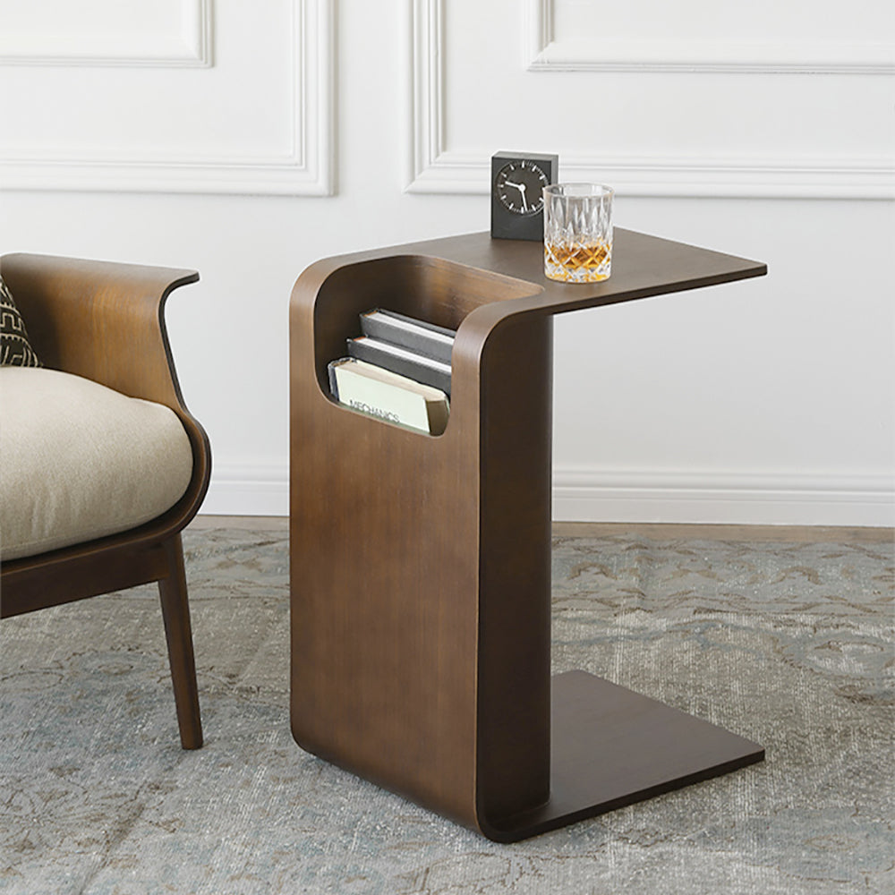 Oak Wood C-Style End Table Decorative Cocktail Table with Magazine Rack Organizer C Side Table in Walnut