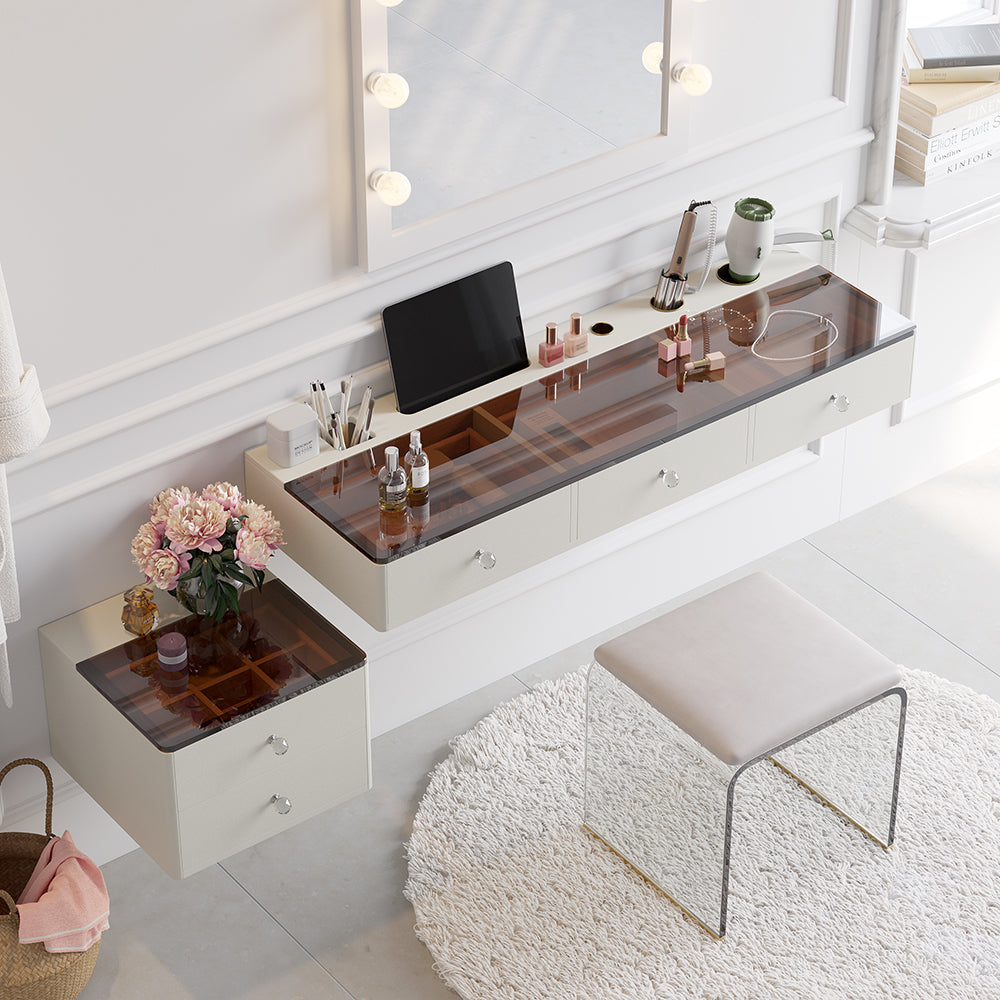Modern Floating Makeup Vanity with Tempered Glass Top & Drawers Wall Mounted Beauty Station