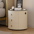 Round PU Leather Nightstand with Wireless Charging & Speakers & USB Port Modern Off-White Bedside Table