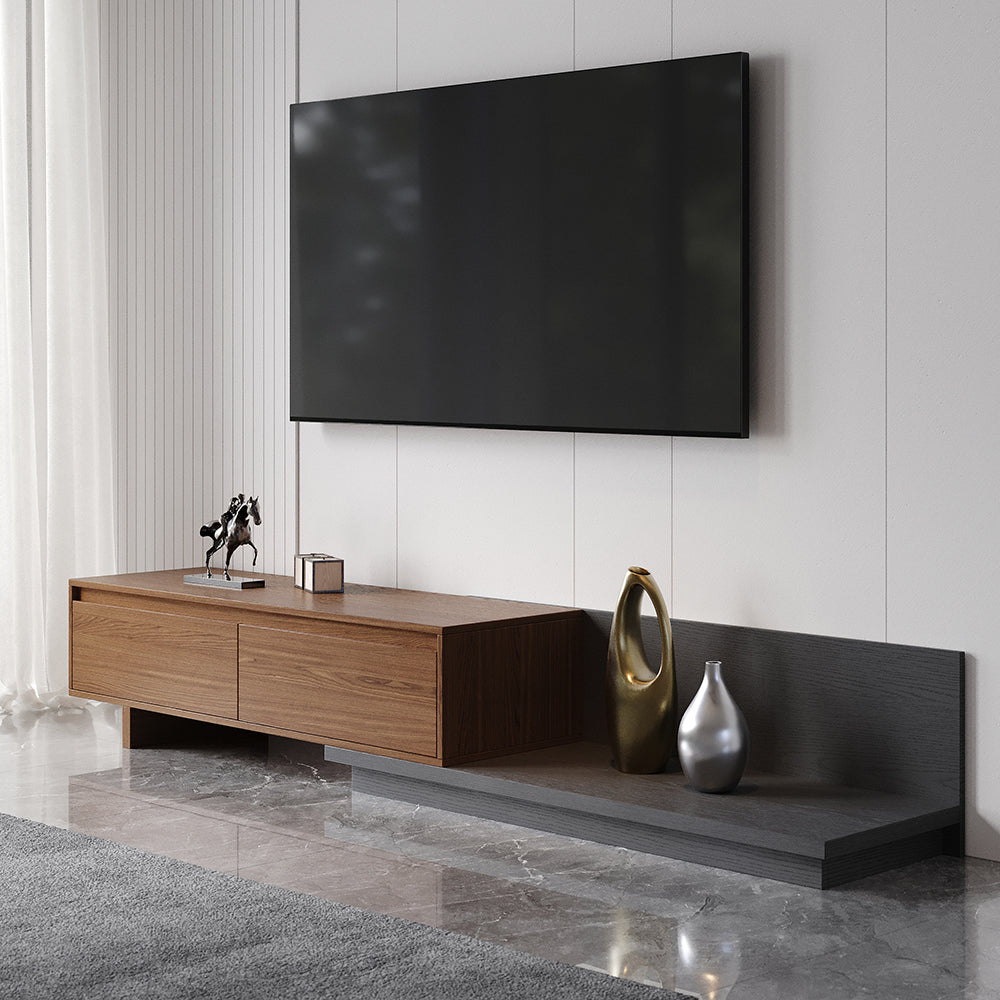 Fero Minimalist Retracted & Extendable 2 Drawers TV Stand in Walnut & Gray Up to 75"