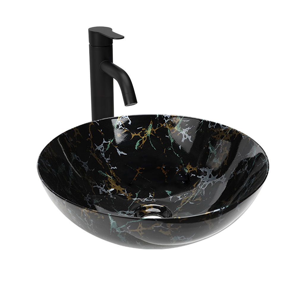 Sigsyl Artistic Vessel Sink | Ceramic Bathroom Vanity Top & Faucet - Round / Black Marble