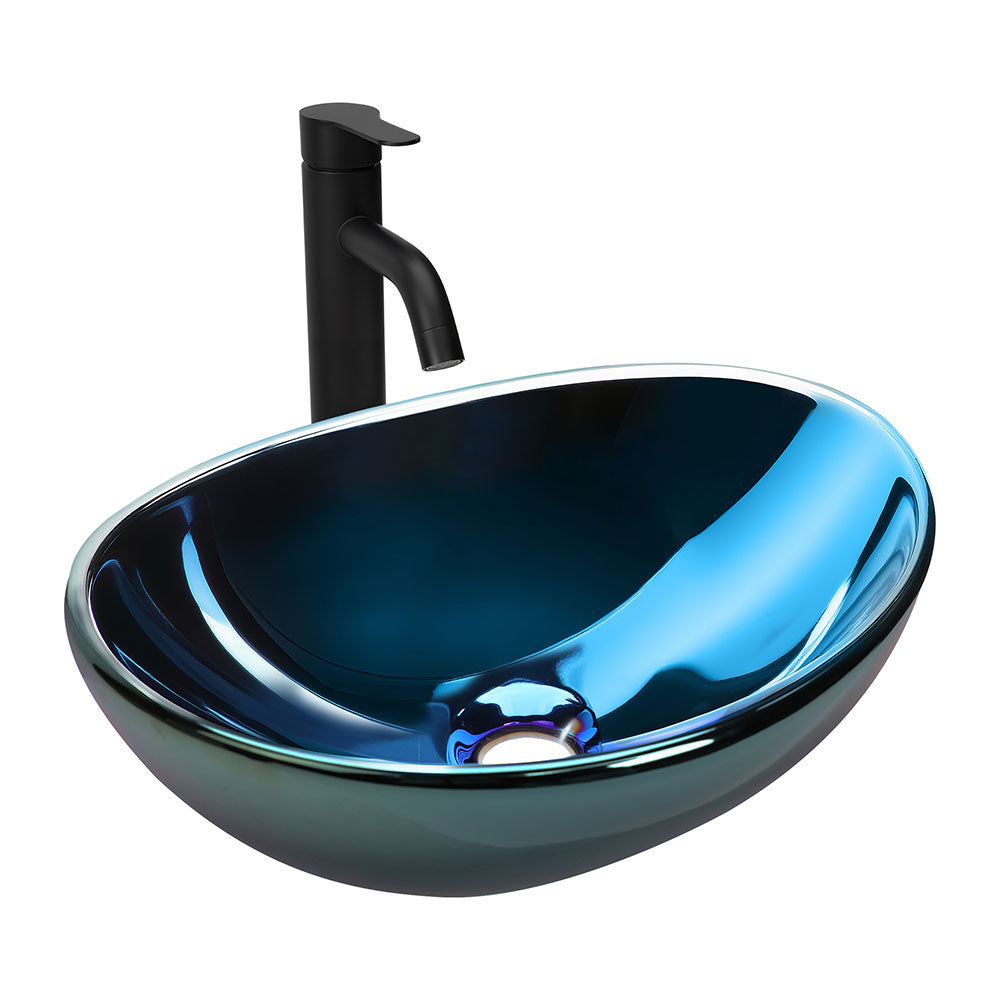 Sigsyl Artistic Vessel Sink | Ceramic Bathroom Vanity Top & Faucet - Oval / Blue