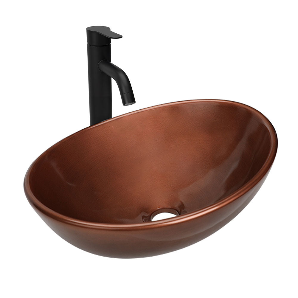 Sigsyl Artistic Vessel Sink | Ceramic Bathroom Vanity Top & Faucet - Oval / Brown