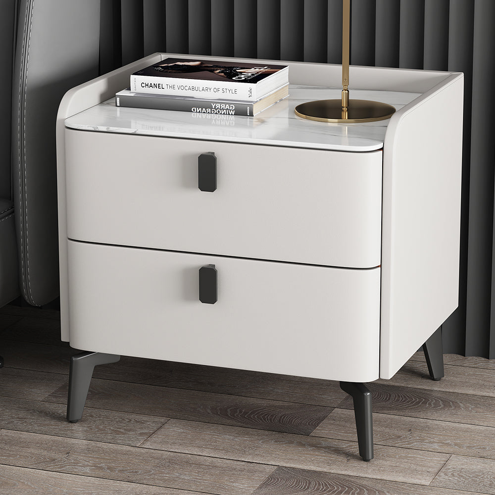 Faux Leather Nightstand with 2 Drawers White Bedside Table with Stone Top