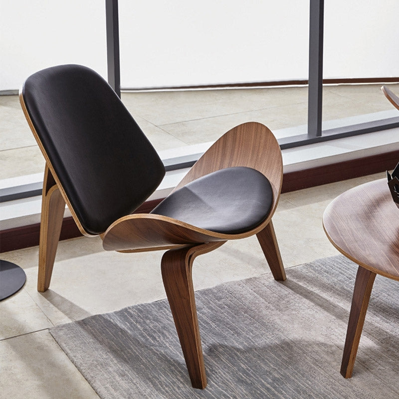 Modern Tripod Black Leather Shell Lounge Chair with Single Side in Walnut