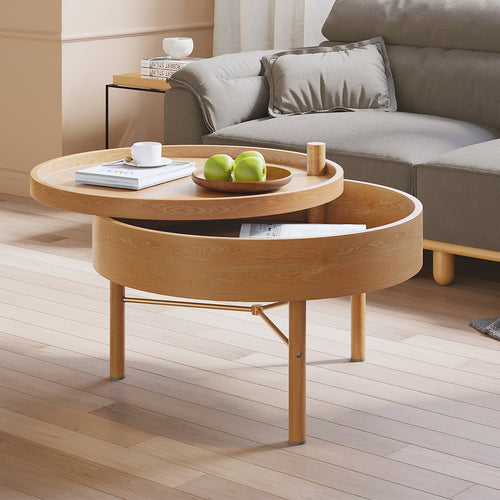 24" Round Rotating Tray Coffee Table with Storage & Metal Legs