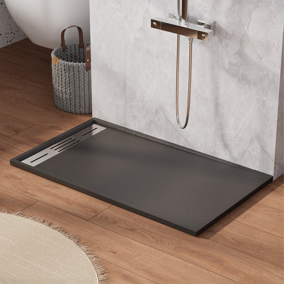SLYDO Curbless Shower Base | Shower Pan Linear Drain - Black / 60 in. L x 36 in. W