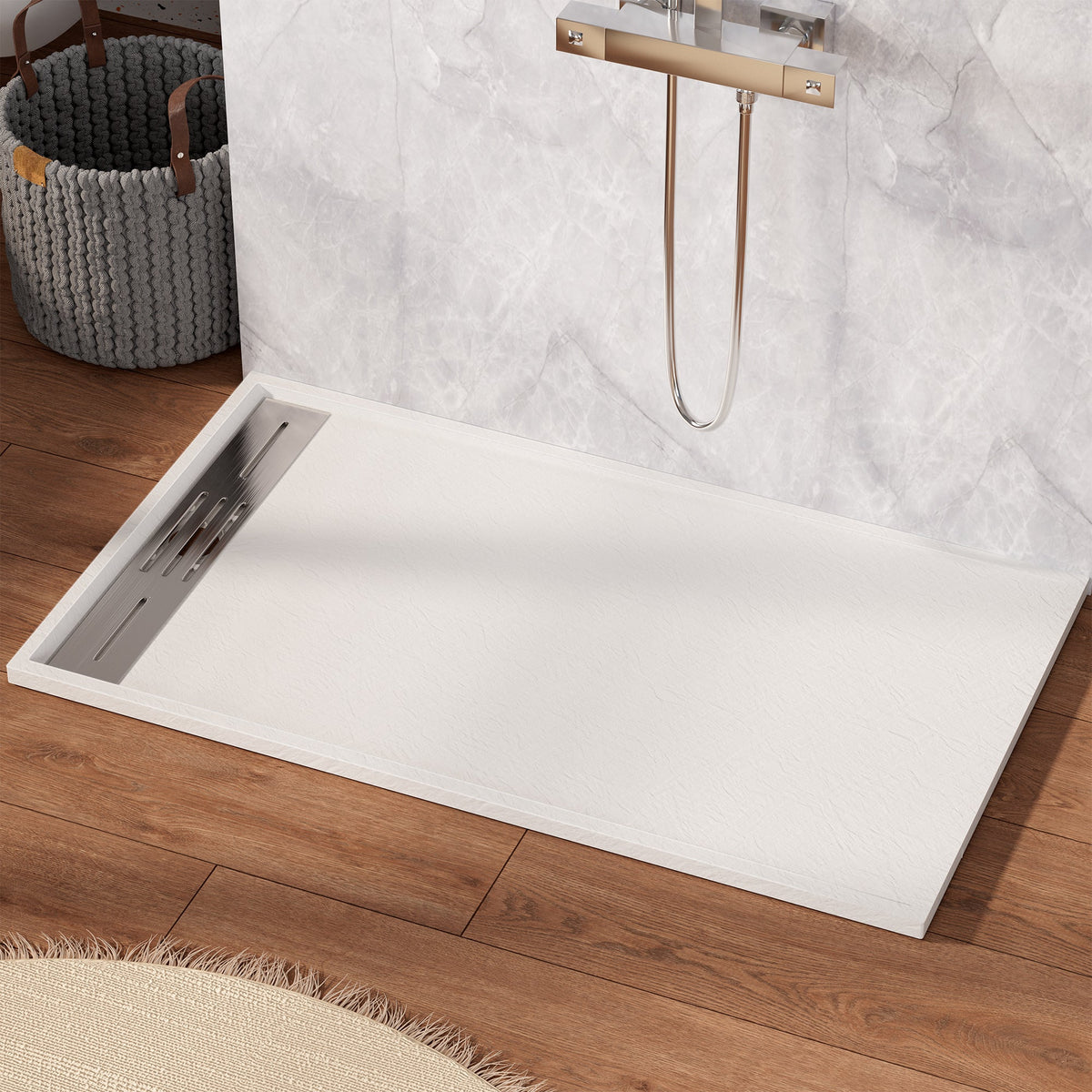 SLYDO Curbless Shower Base | Shower Pan Linear Drain - White / 60 in. L x 32 in. W