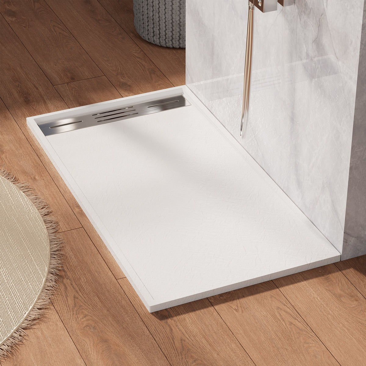 SLYDO Curbless Shower Base | Shower Pan Linear Drain - White / 60 in. L x 36 in. W