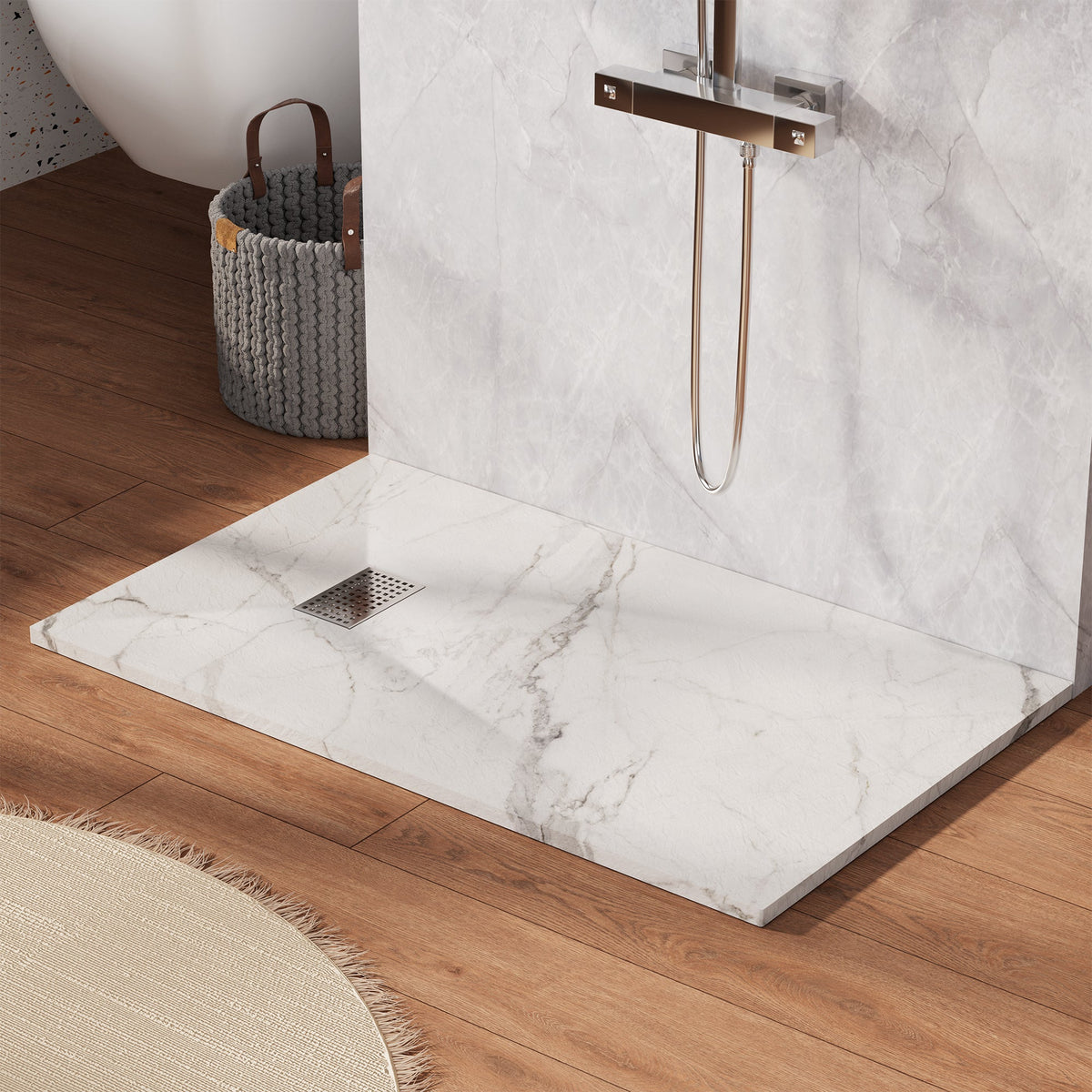 SLYDO 60x36" Curbless Shower Base | Shower Pan Side Drain - White Marble