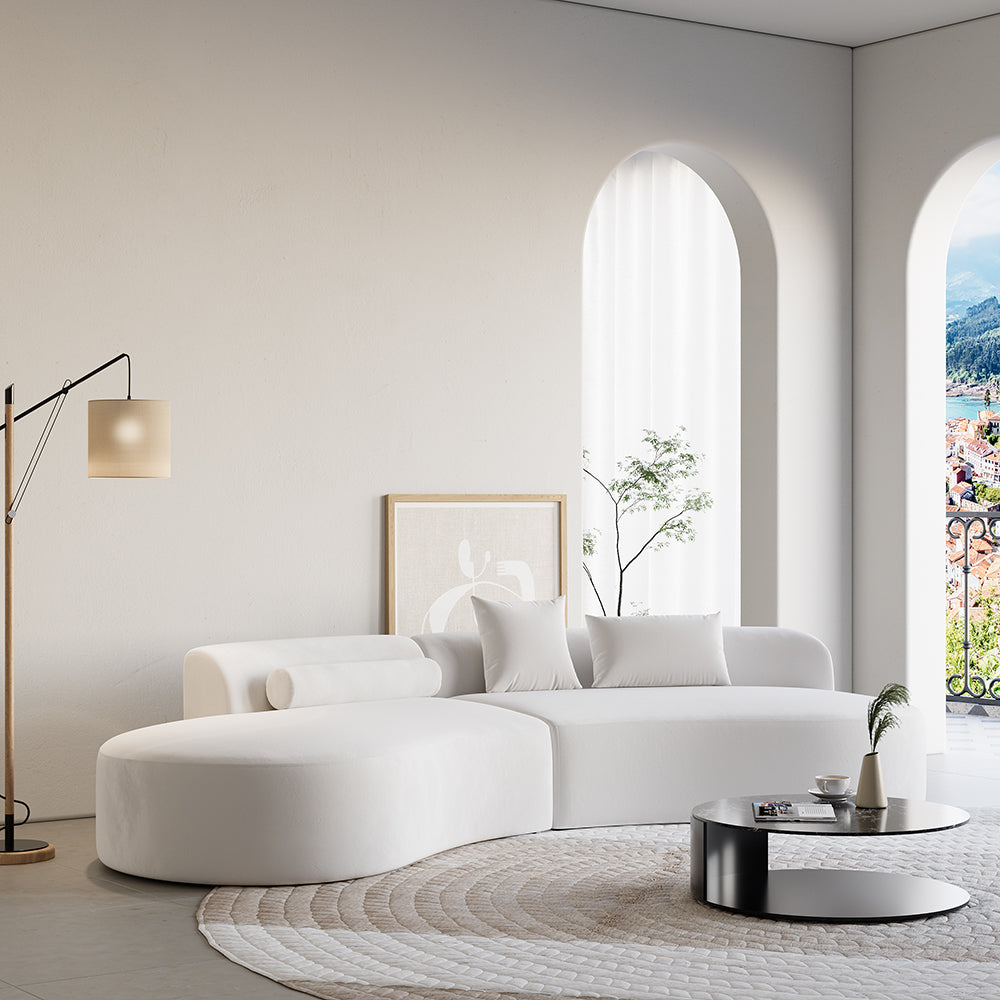 109" Modern White Curved Velvet Sectional Sofa 2 Piece 4-Seater Chaise with 3 Pillows