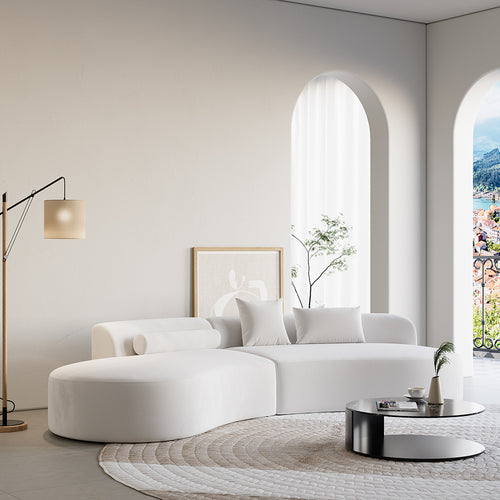 109" Modern White Curved Velvet Sectional Sofa 2 Piece 4-Seater Chaise with 3 Pillows