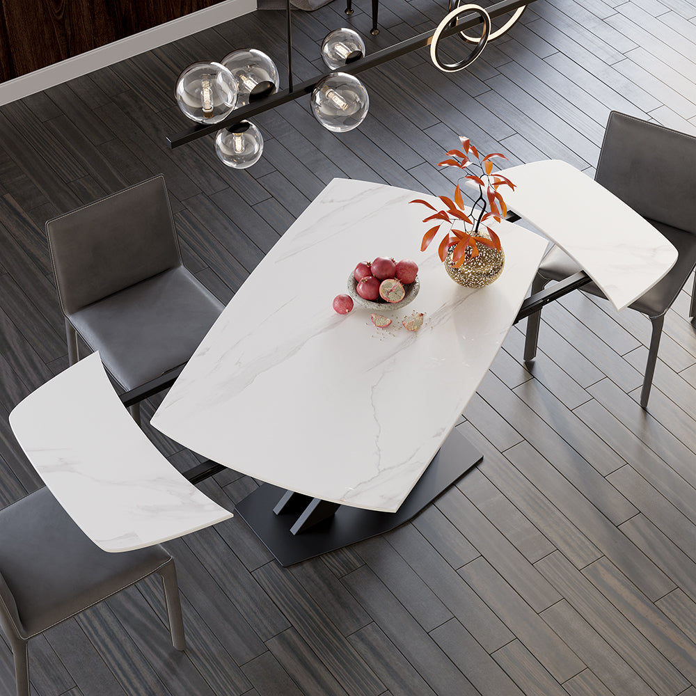 71" Extendable Dining Table Faux Marble Top with Leaf X-Base for 6 Person Modern White Expandable Table