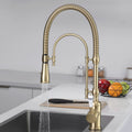 Brushed Gold High Arc Kitchen Faucet Dual-Mode Pull-Down Sprayer Solid Brass Porcelain Handle Kitchen Sink Faucet