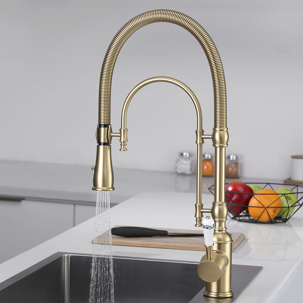 Brushed Gold High Arc Kitchen Faucet Dual-Mode Pull-Down Sprayer Solid Brass Porcelain Handle Kitchen Sink Faucet