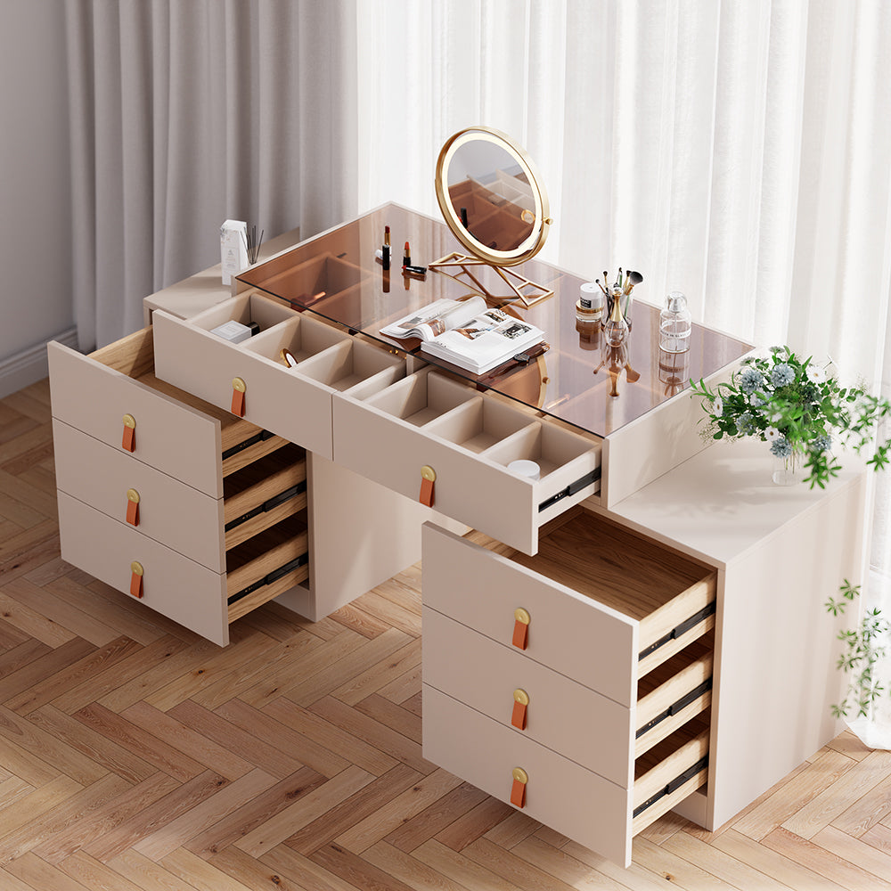 Extendable Makeup Vanity with Jewelry Storage Retractable Champagne Dresser Closet Island