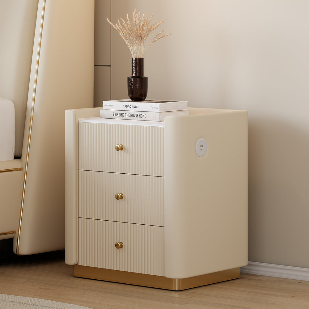 Modern 3-Drawer Nightstand with Sintered Stone Top & Built-In USB Port