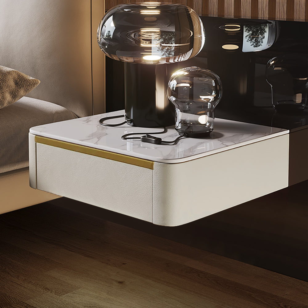 Modern White Floating Nightstand 1 Drawer Bedside Table with Sintered Stone Top