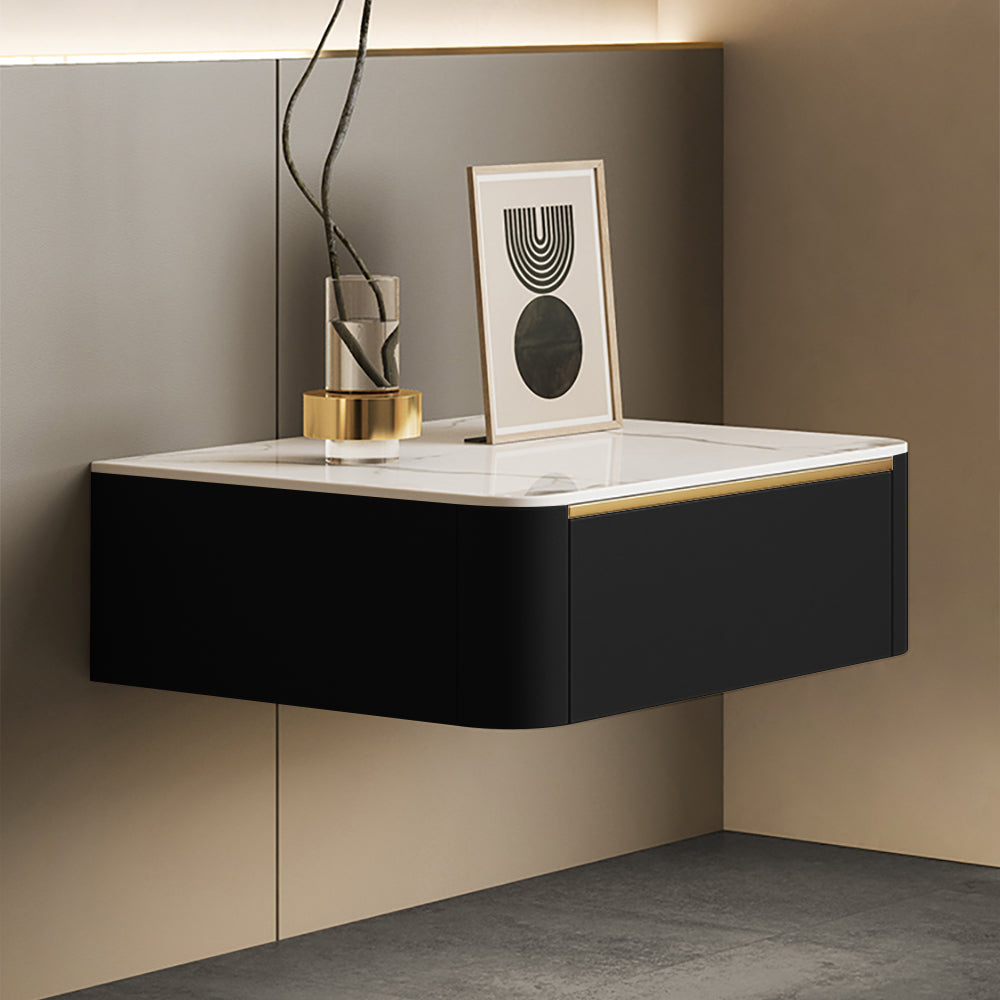 Modern Black Floating Nightstand 1 Drawer Bedside Table with Sintered Stone Top