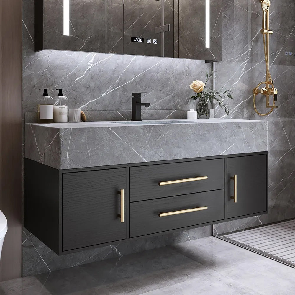 39.4" Floating Bathroom Vanity Wall Mounted Cultured Marble Top Bathroom Cabinet Black with Sink