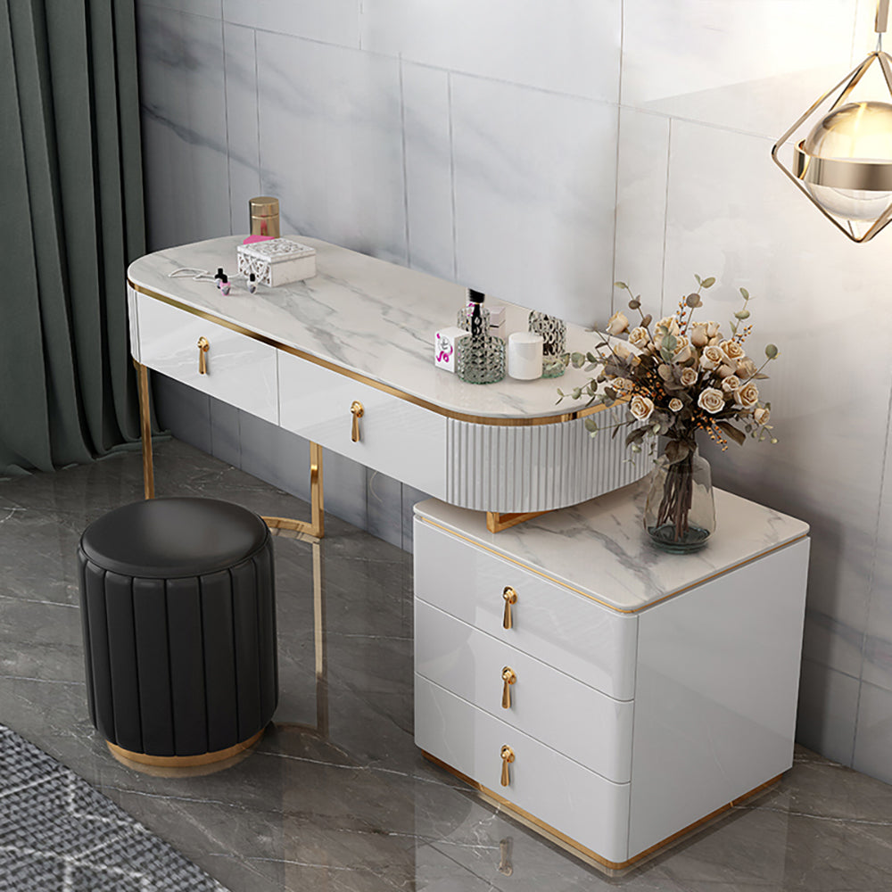 Pewter Modern White Nordic Makeup Vanity Extendable Sintered Stone Top 5-Drawer Dressing Table