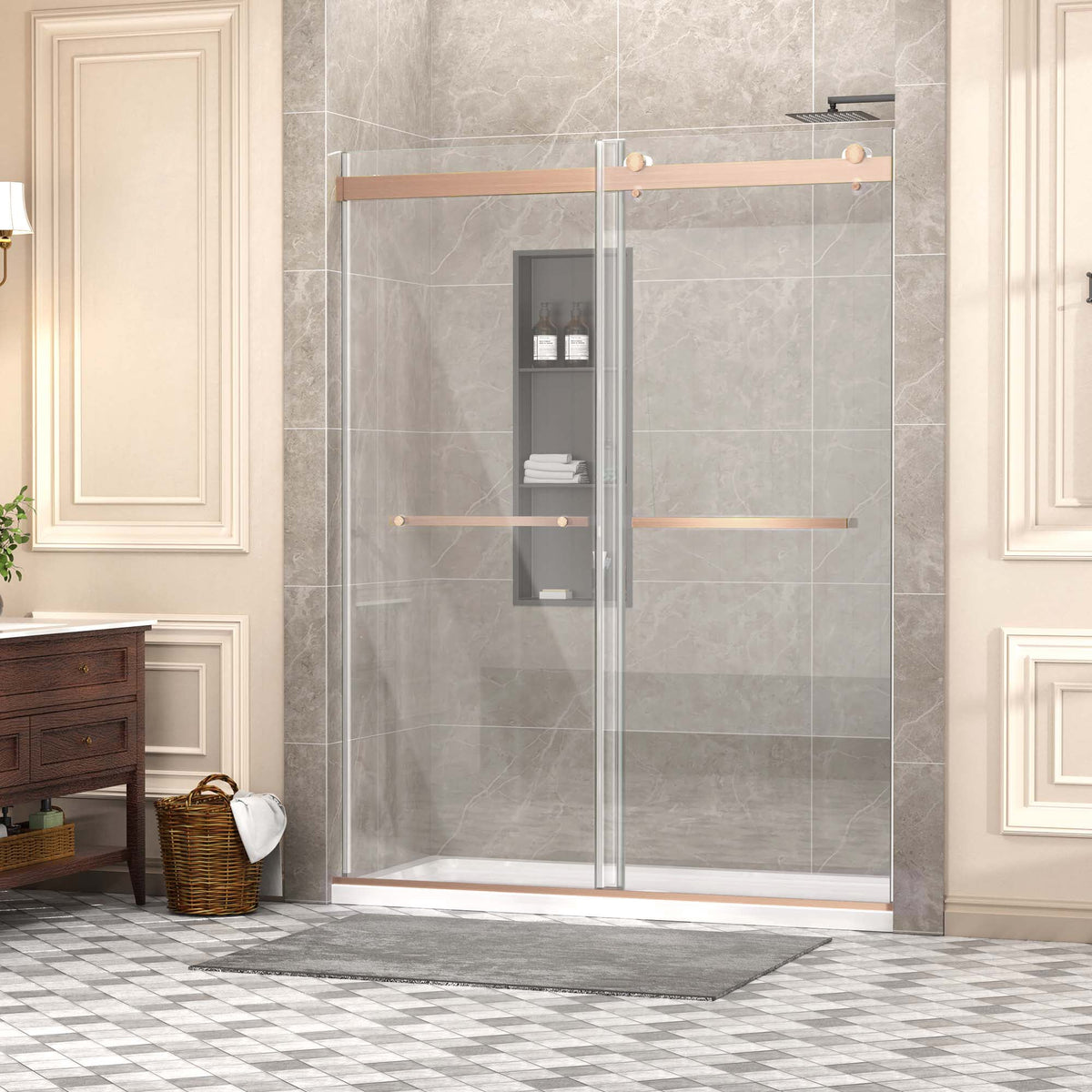 CALYZ Frameless Shower Door | Bypass Sliding 56-60"W x 75"H - Brushed Rose Gold
