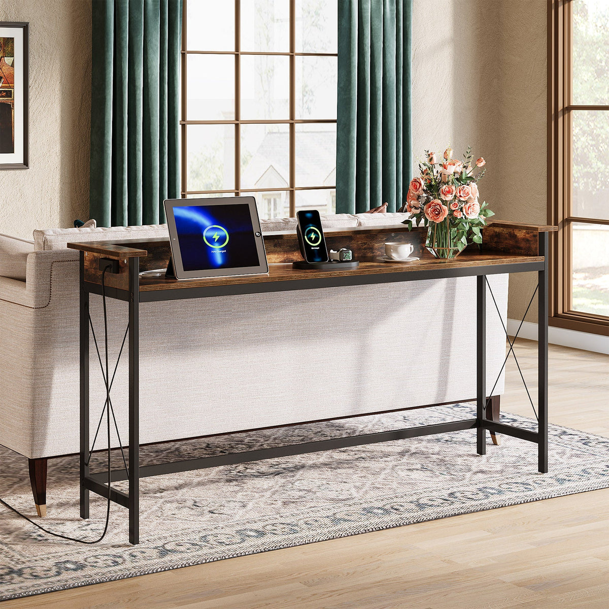 Industrial Console Table, 70.9" Sofa Table with Outlets and USB Ports