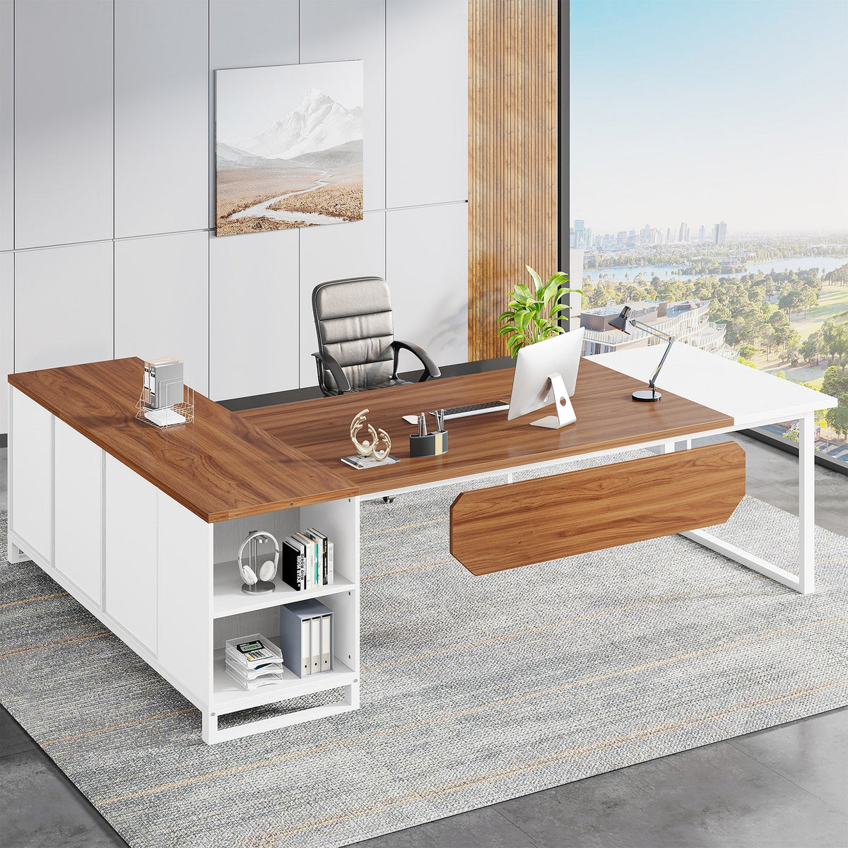 Large L-Shaped Desk, 70.87" Executive Desk with 55" File Cabinet