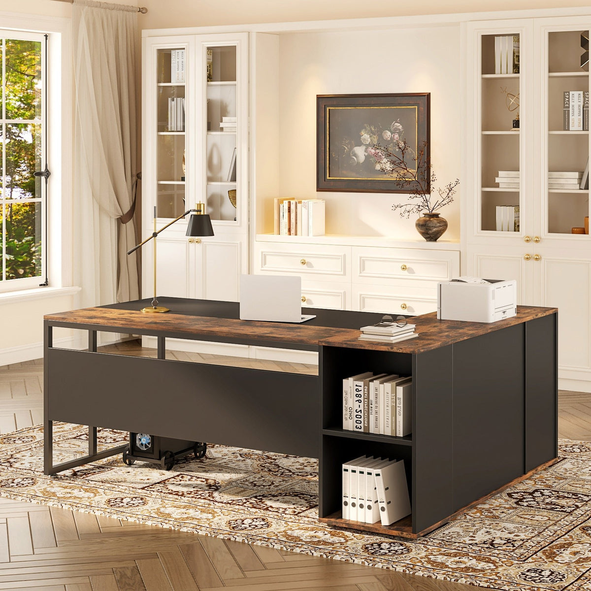 Large L-Shaped Desk, 71 inch Executive Desk with Shelves & Cabinet