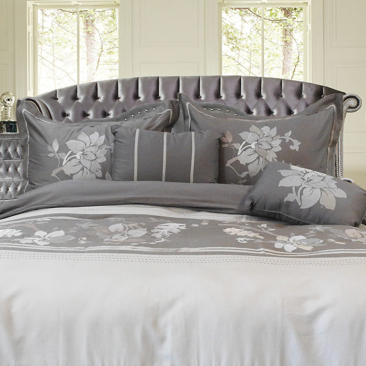 Embroidered Floral 100% Cotton Duvet Cover Set (5 Piece) Myra - Gray