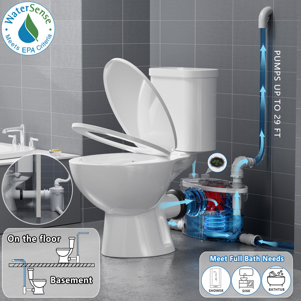 SNFLEX Two-Piece Macerating Toilet | 600W Upflush Toilet for Basement Bathrooms