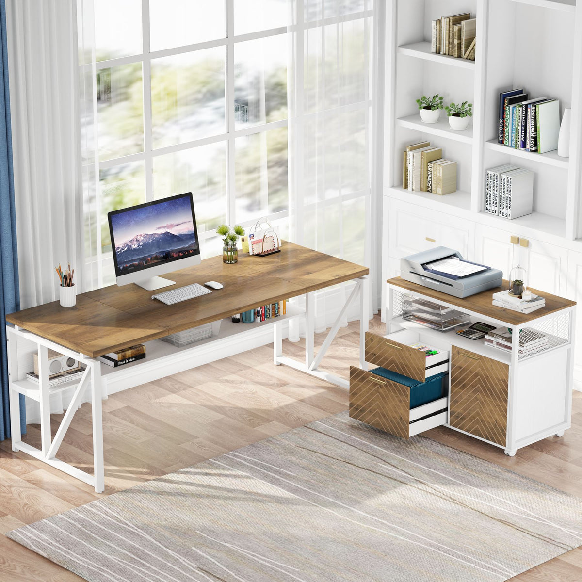 55" / 63" L-Shaped Executive Desk with Storage Shelves and Mobile File Cabinet(2 Drawers and 1 Storage Compartment)