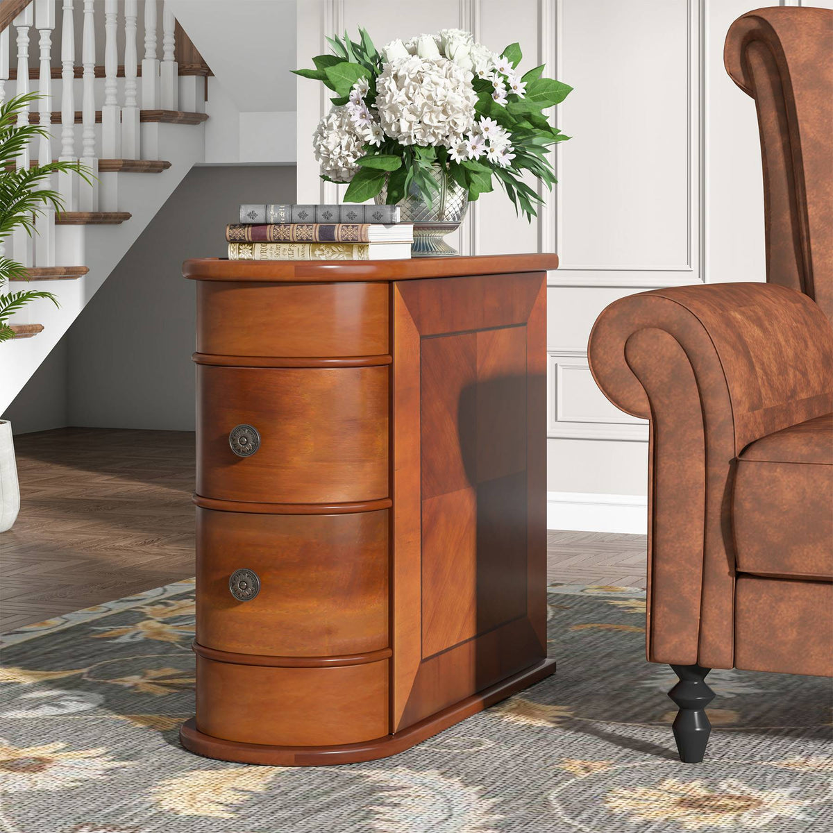 2-Drawer Wood End Table, Narrow Side Table Nightstand, No Assembly Required - Walnut