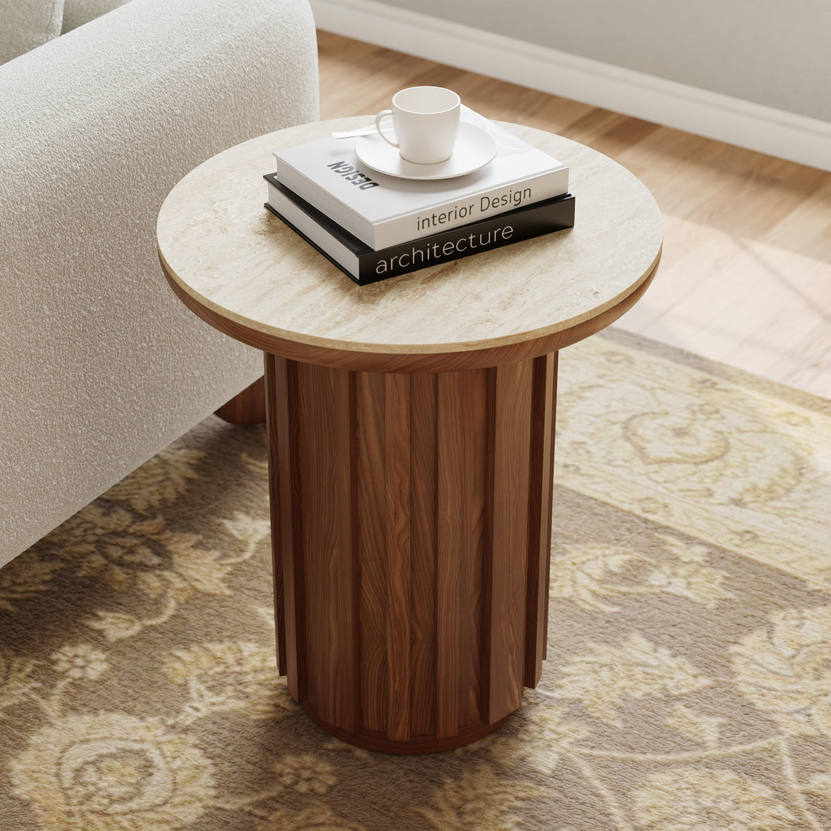 Aura 2-Tier Walnut Round End Table with Sintered Stone Top Modern Fluted Side Table