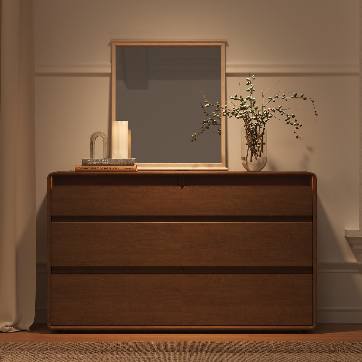 Meloa 47" Wooden Walnut 6-Drawer Dresser with Light and Charging Station