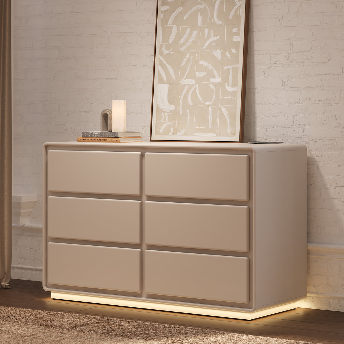 Haloa Modern 47" 6-Drawer Matte Warm White Dresser with Light and Charging Station